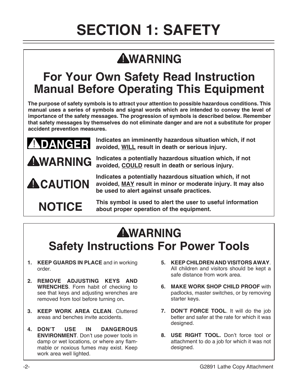 Safety instructions for power tools, Notice | Grizzly Wood Copy Attachment G2891 User Manual | Page 4 / 28