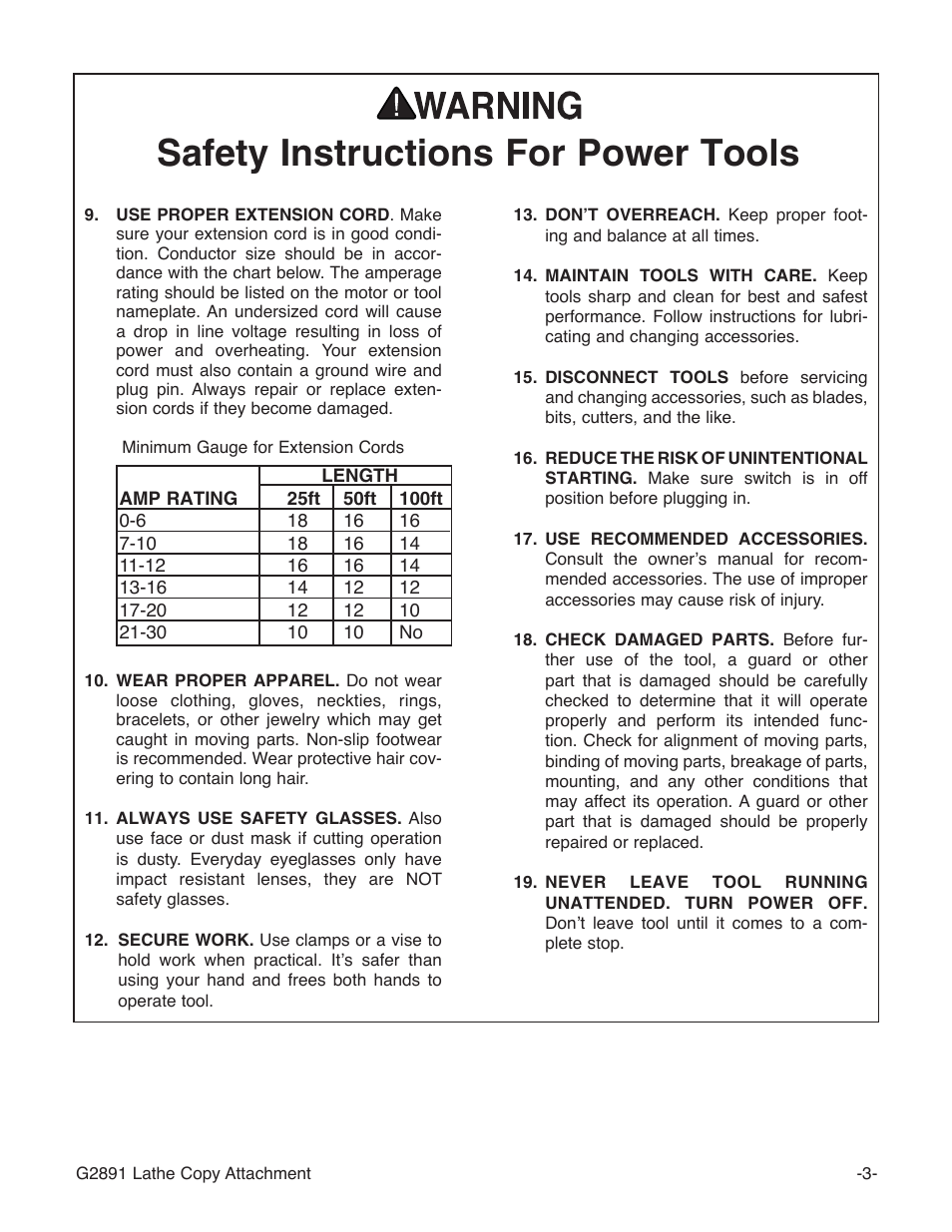 Safety instructions for power tools | Grizzly Wood Copy Attachment G2891 User Manual | Page 5 / 28