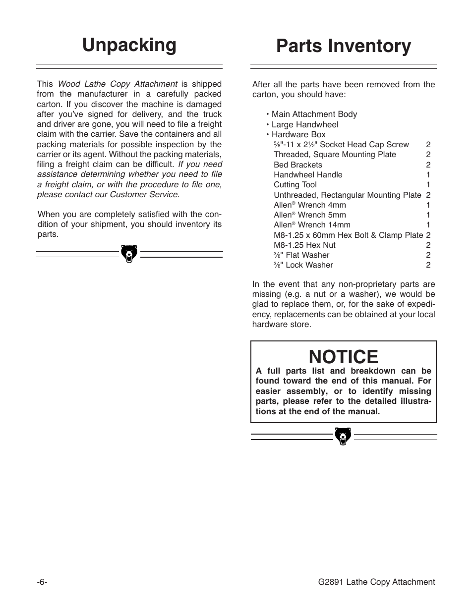 Unpacking, Parts inventory, Notice | Grizzly Wood Copy Attachment G2891 User Manual | Page 8 / 28