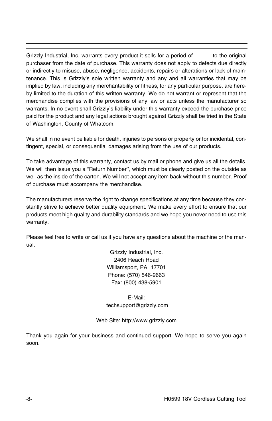 Warranty and returns | Grizzly H0599 User Manual | Page 10 / 14