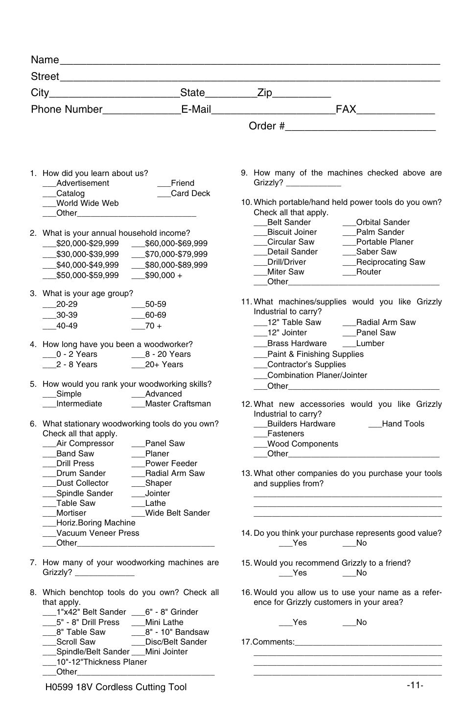 Warranty card, Name, Street | City, State, Phone number, E-mail, Model, Order | Grizzly H0599 User Manual | Page 13 / 14