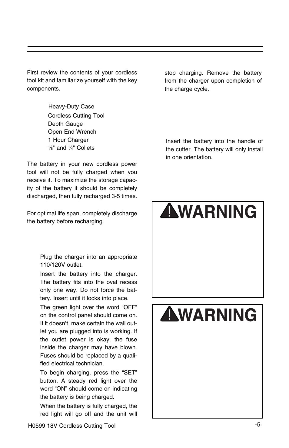 Operations, Getting started using your tool, Inserting battery into cutter | Grizzly H0599 User Manual | Page 7 / 14