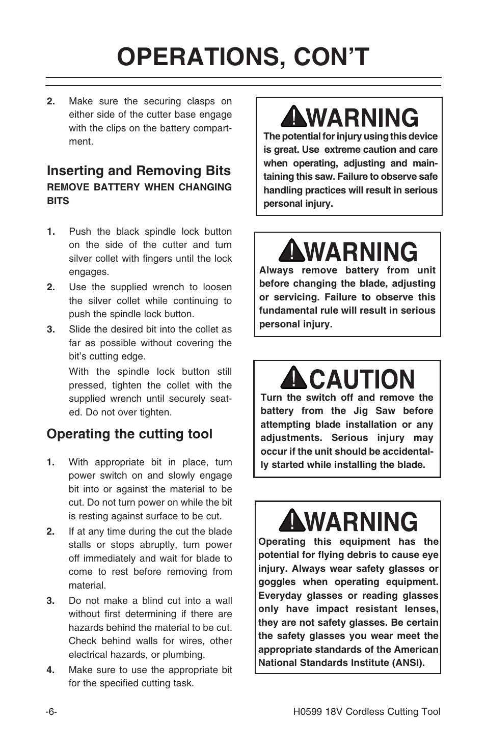 Operations, con’t, Inserting and removing bits, Operating the cutting tool | Grizzly H0599 User Manual | Page 8 / 14