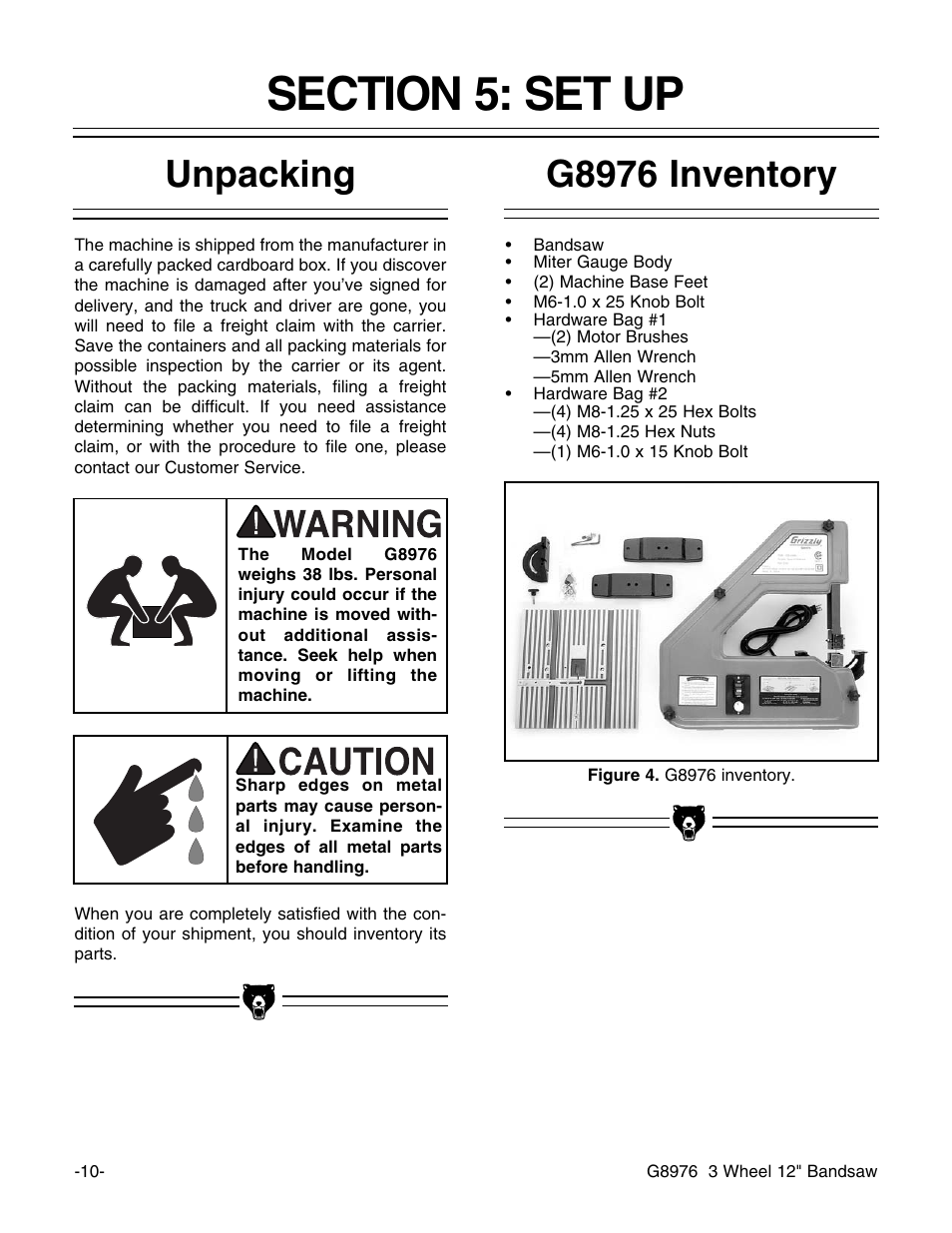 Unpacking, G8976 inventory | Grizzly 3 Wheel 12" Bandsaw G8976 User Manual | Page 12 / 46