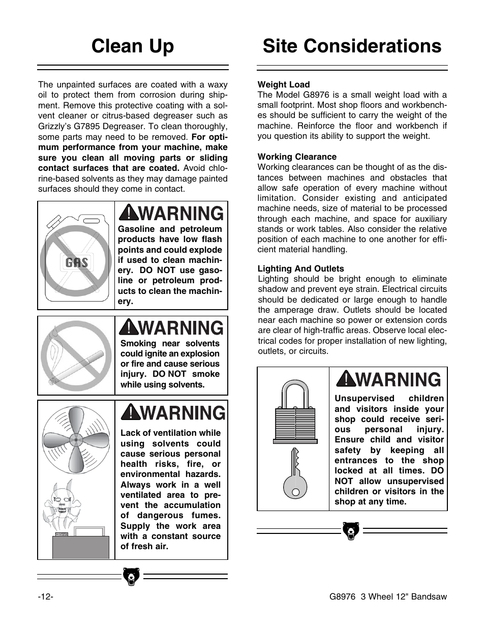 Site considerations clean up | Grizzly 3 Wheel 12" Bandsaw G8976 User Manual | Page 14 / 46