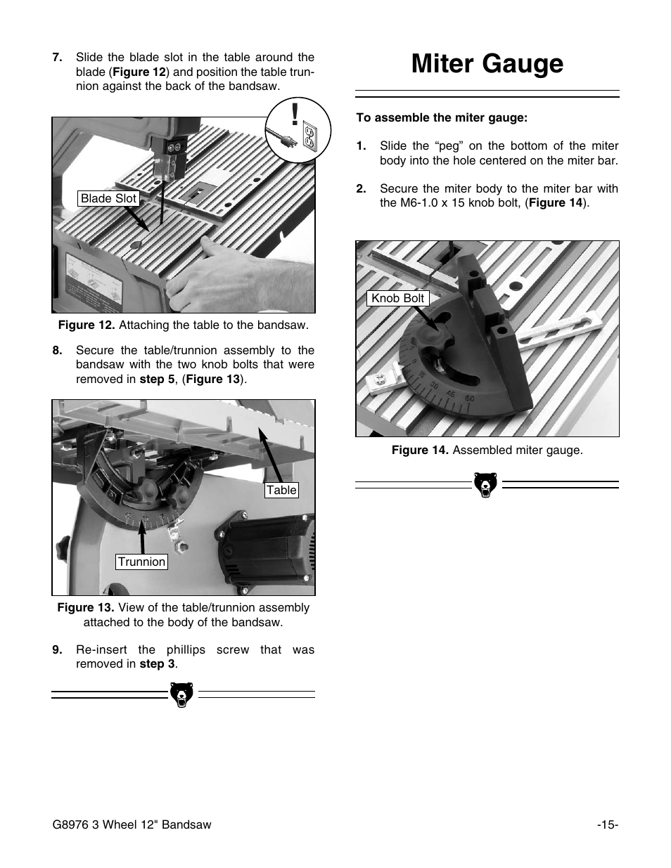 Miter gauge | Grizzly 3 Wheel 12" Bandsaw G8976 User Manual | Page 17 / 46
