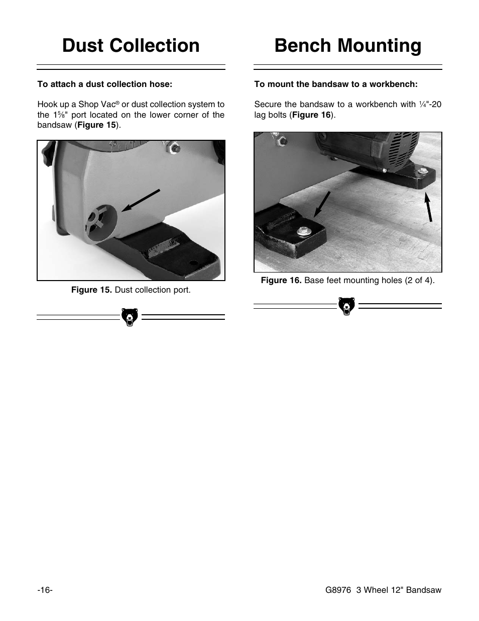 Dust collection, Bench mounting | Grizzly 3 Wheel 12" Bandsaw G8976 User Manual | Page 18 / 46