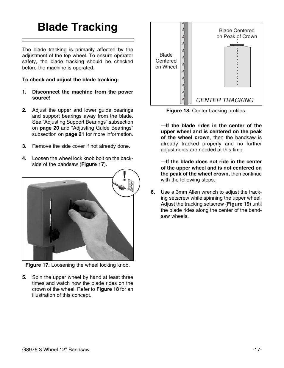 Blade tracking | Grizzly 3 Wheel 12" Bandsaw G8976 User Manual | Page 19 / 46