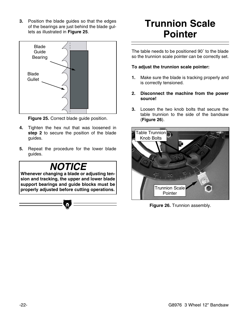 Notice, Trunnion scale pointer | Grizzly 3 Wheel 12" Bandsaw G8976 User Manual | Page 24 / 46