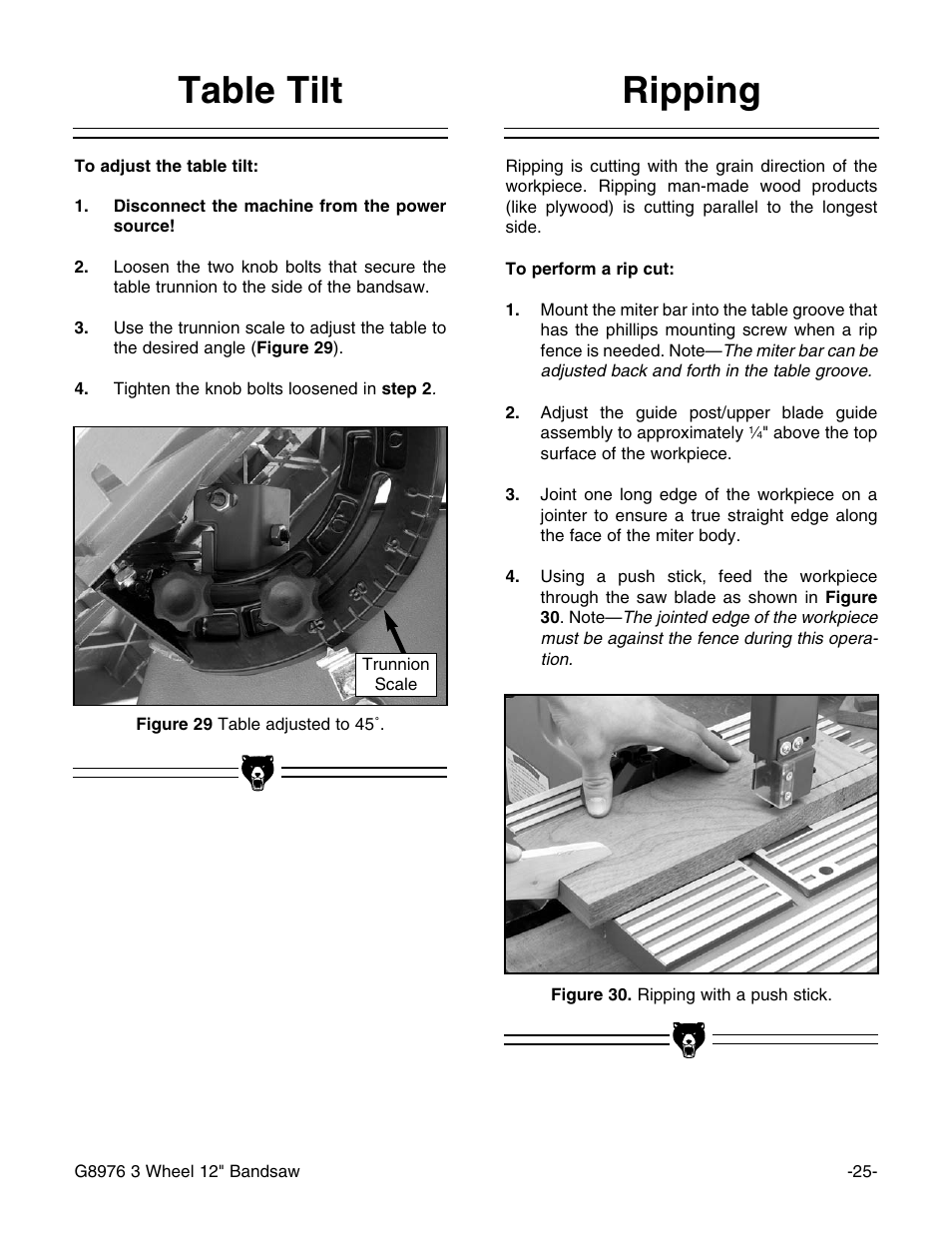 Table tilt ripping | Grizzly 3 Wheel 12" Bandsaw G8976 User Manual | Page 27 / 46