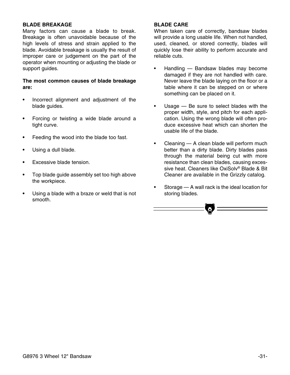 Grizzly 3 Wheel 12" Bandsaw G8976 User Manual | Page 33 / 46