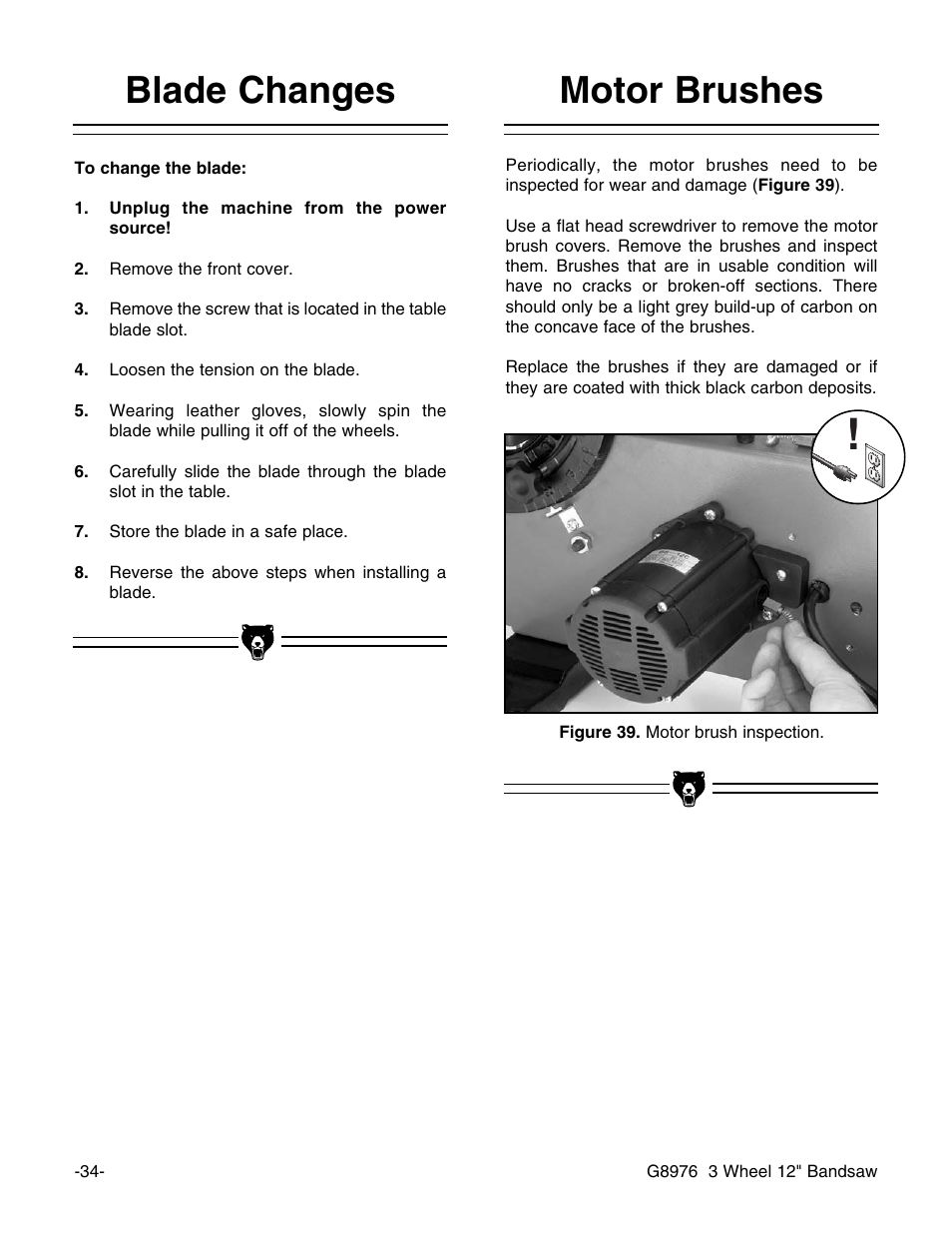Blade changes motor brushes | Grizzly 3 Wheel 12" Bandsaw G8976 User Manual | Page 36 / 46