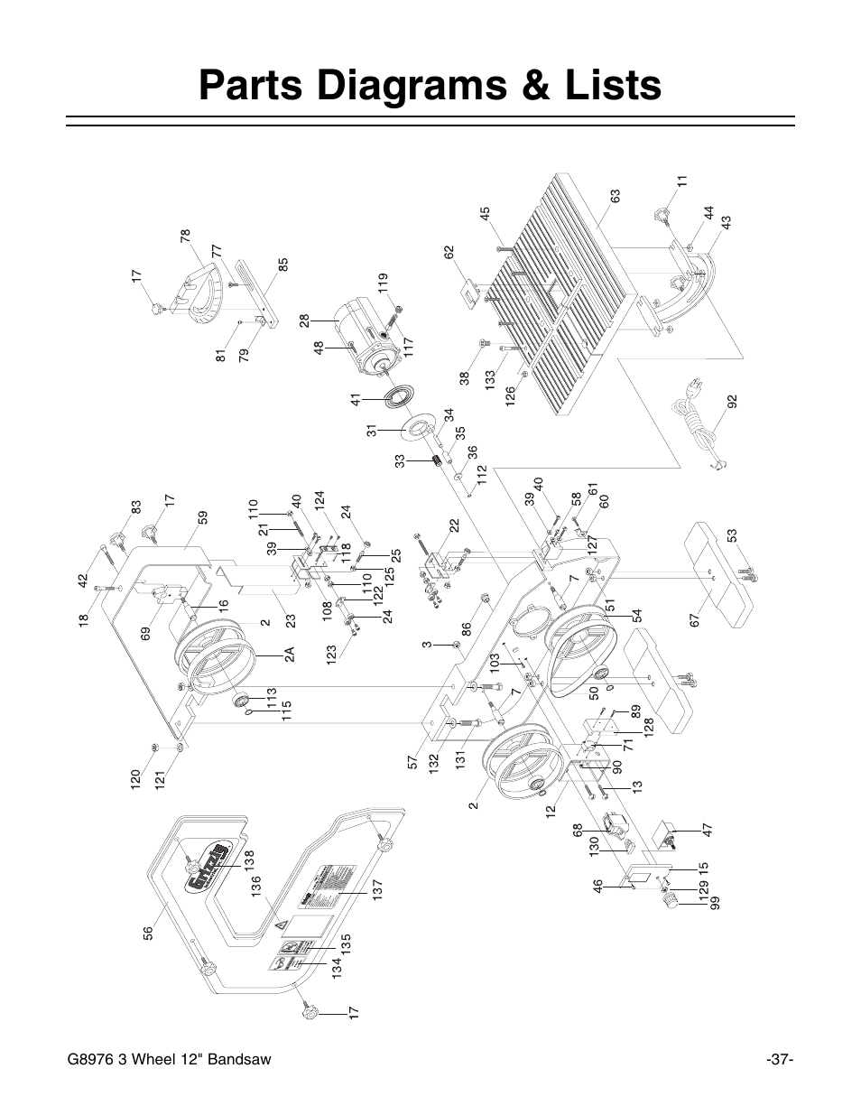 Parts diagrams & lists | Grizzly 3 Wheel 12" Bandsaw G8976 User Manual | Page 39 / 46