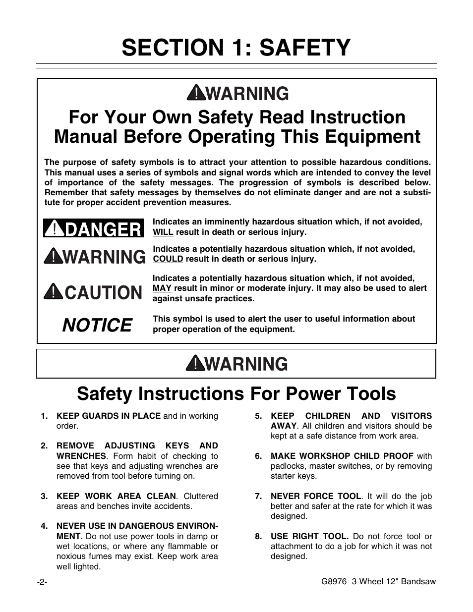Safety instructions for power tools, Notice | Grizzly 3 Wheel 12" Bandsaw G8976 User Manual | Page 4 / 46