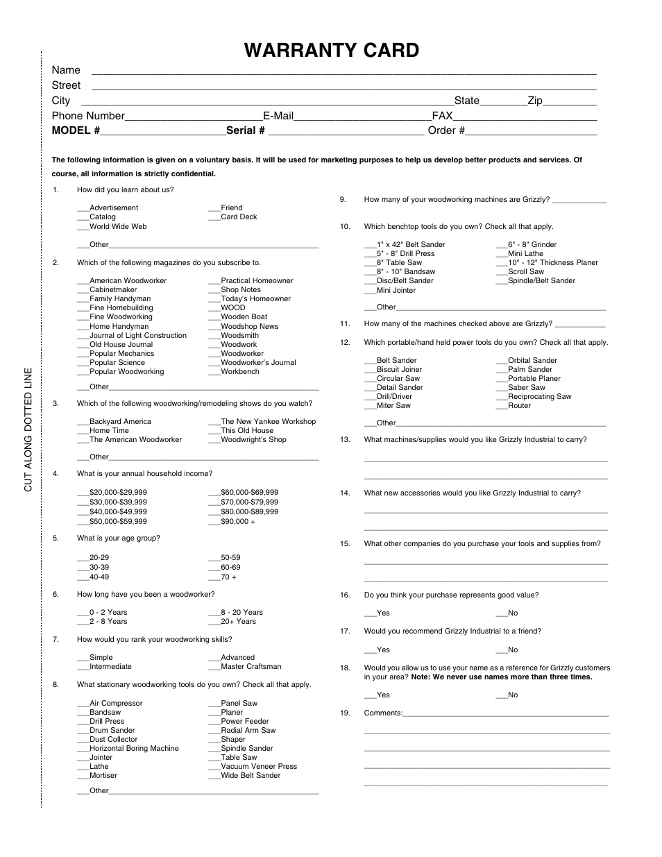 Warranty card, Cut along dotted line | Grizzly 3 Wheel 12" Bandsaw G8976 User Manual | Page 43 / 46