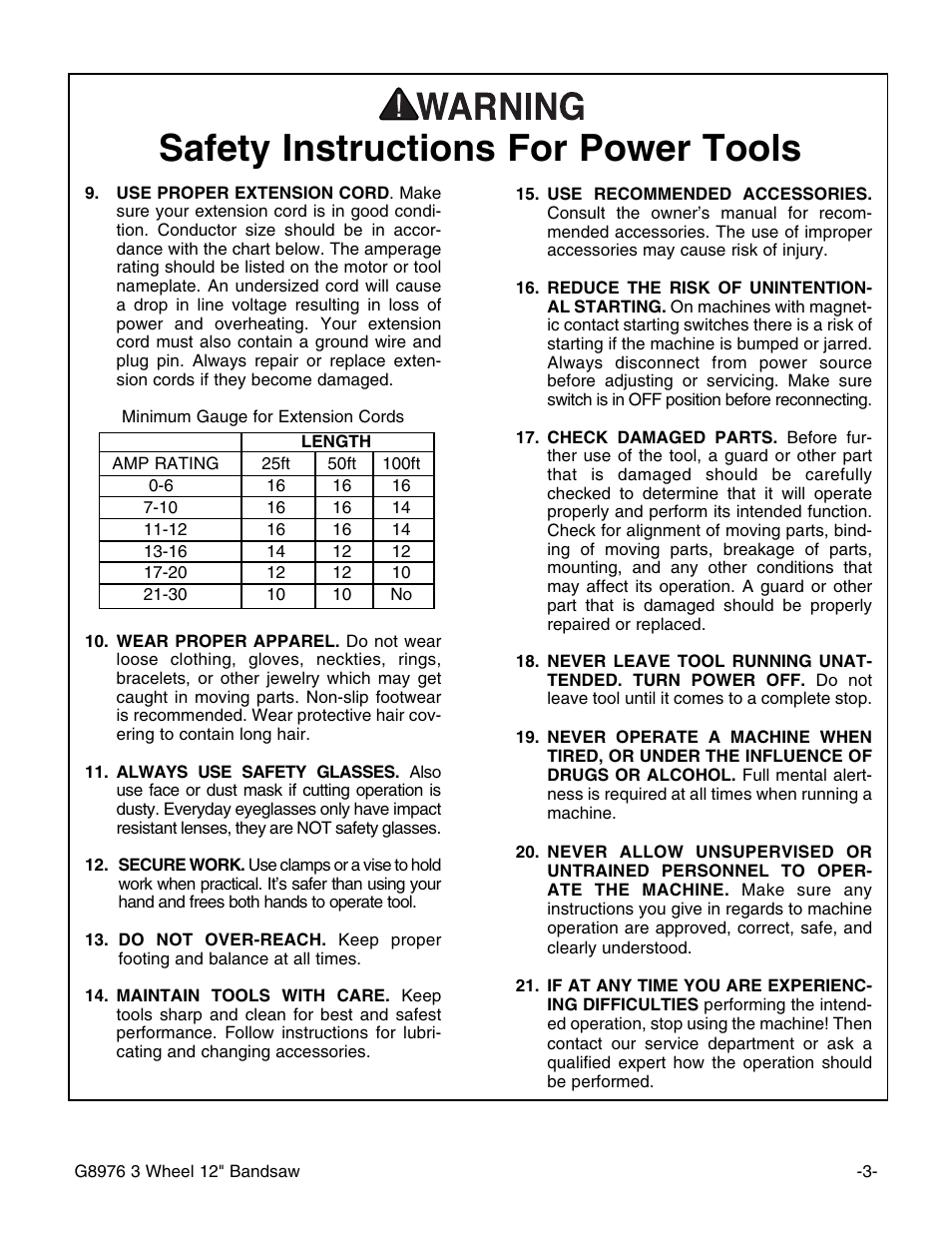 Safety instructions for power tools | Grizzly 3 Wheel 12" Bandsaw G8976 User Manual | Page 5 / 46
