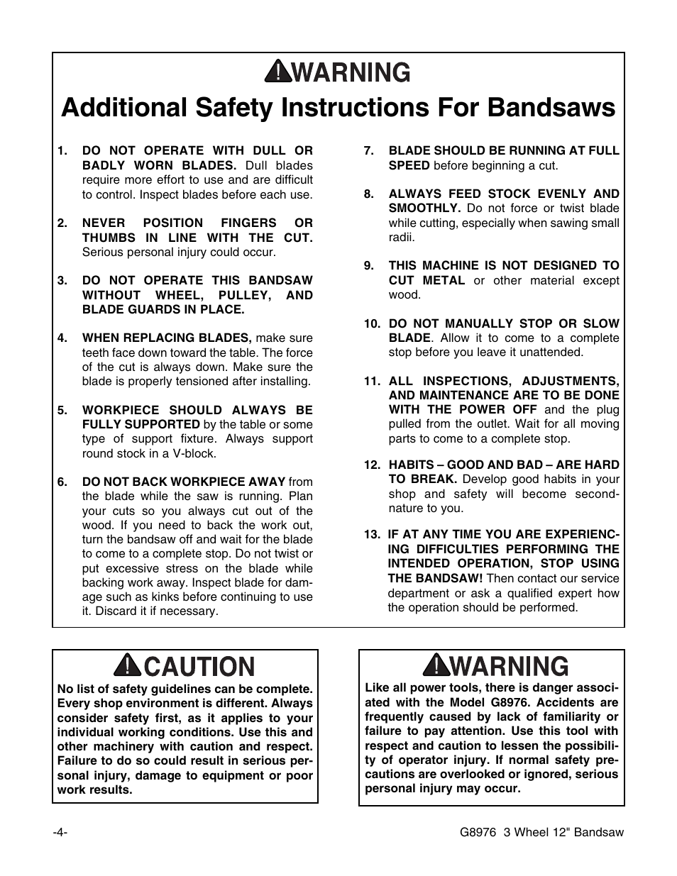 Additional safety instructions for bandsaws | Grizzly 3 Wheel 12" Bandsaw G8976 User Manual | Page 6 / 46