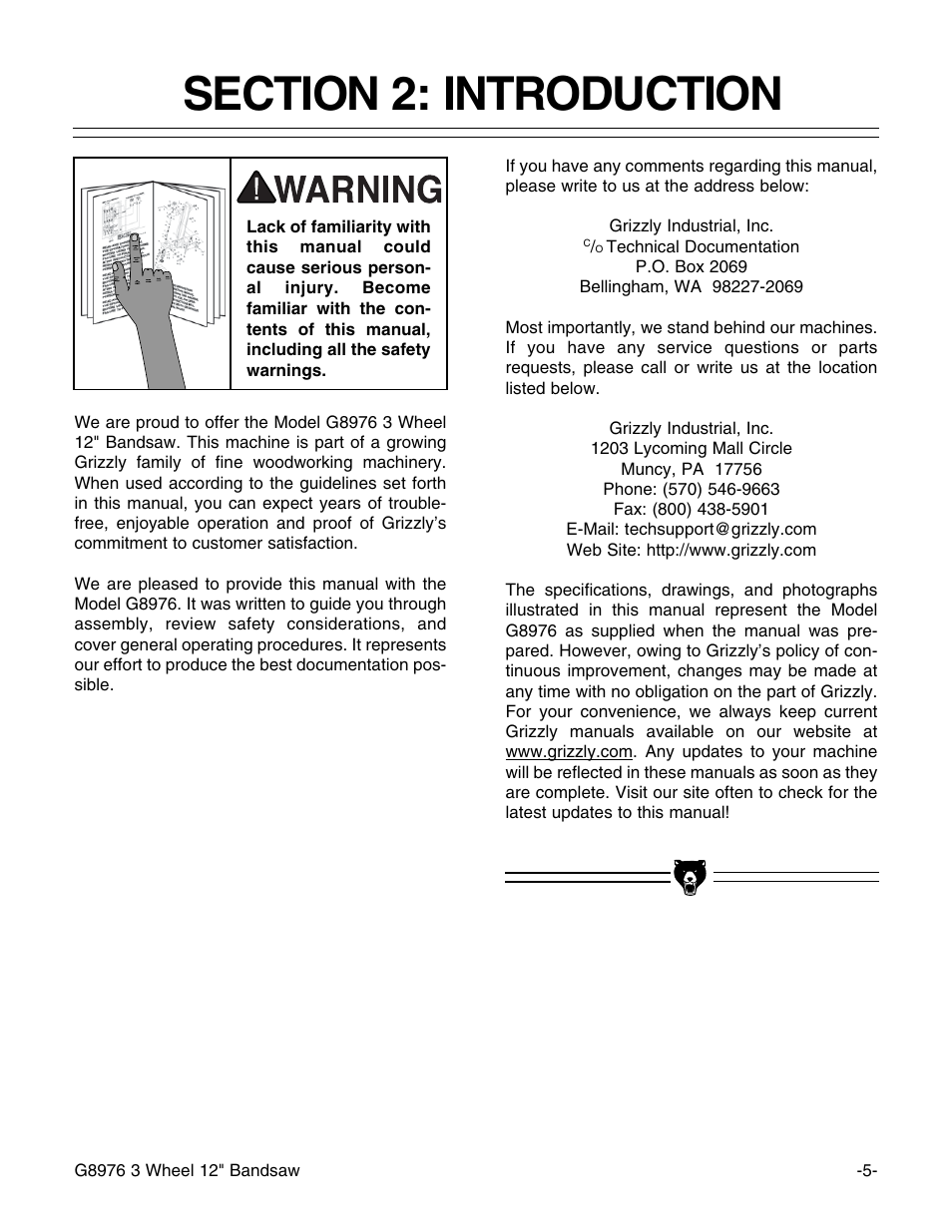 Grizzly 3 Wheel 12" Bandsaw G8976 User Manual | Page 7 / 46