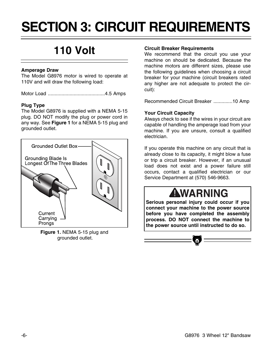 110 volt | Grizzly 3 Wheel 12" Bandsaw G8976 User Manual | Page 8 / 46
