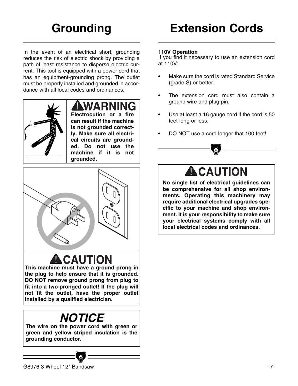 Grounding, Extension cords, Notice | Grizzly 3 Wheel 12" Bandsaw G8976 User Manual | Page 9 / 46