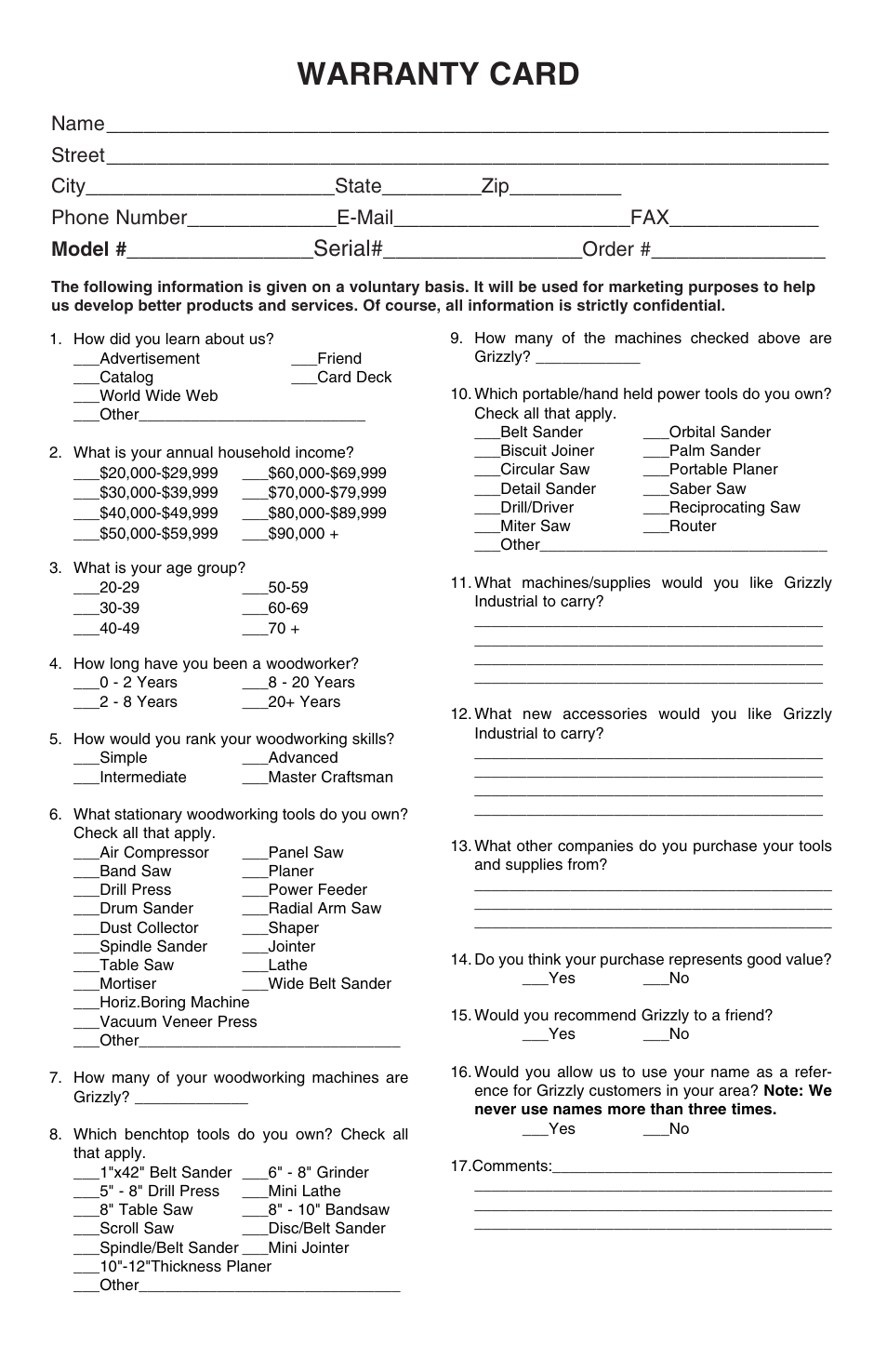 Warranty card, Serial, Name | Street, City, State, Phone number, E-mail, Model, Order | Grizzly H5570 User Manual | Page 15 / 16
