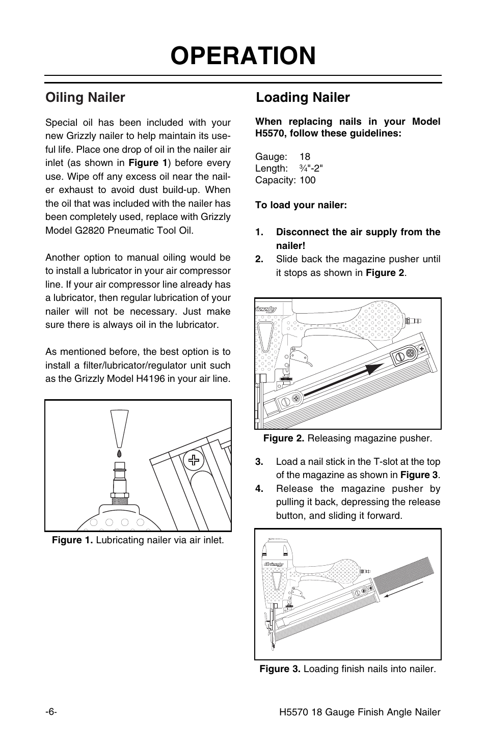 Operation, Oiling nailer, Loading nailer | Grizzly H5570 User Manual | Page 7 / 16