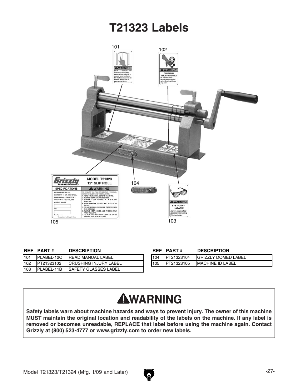 Grizzly Slip Roll T21323 User Manual | Page 2 / 2
