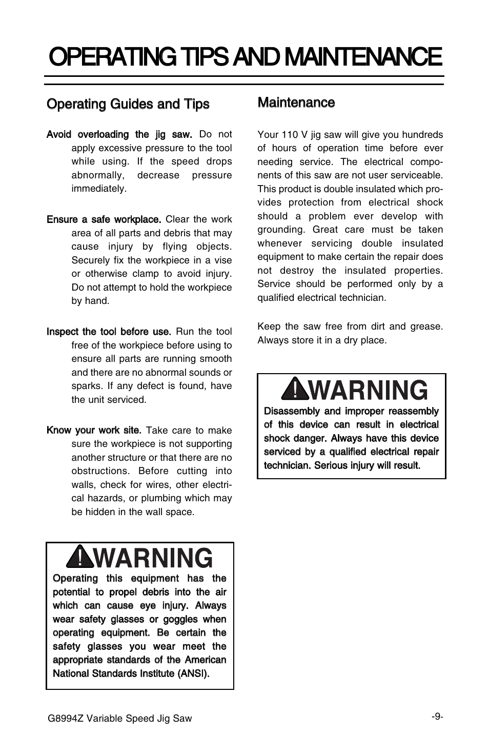 Mma aiin ntte en na an nc ce e | Grizzly G8994z User Manual | Page 11 / 15
