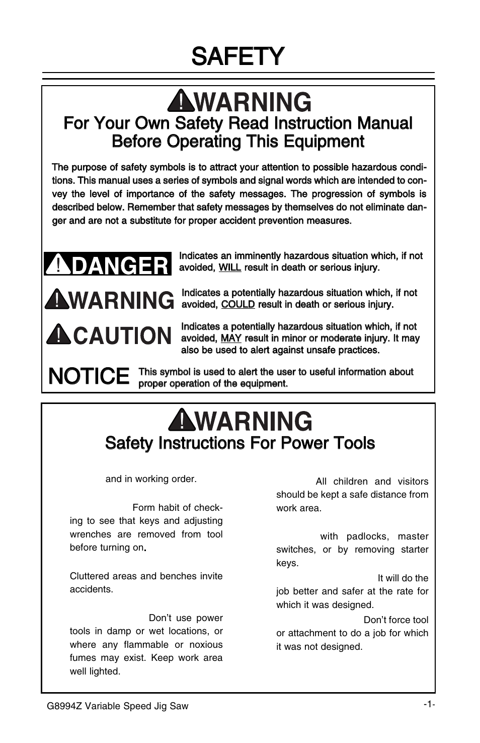 Ssa af fe et ty y, Nno ot tiic ce e | Grizzly G8994z User Manual | Page 3 / 15