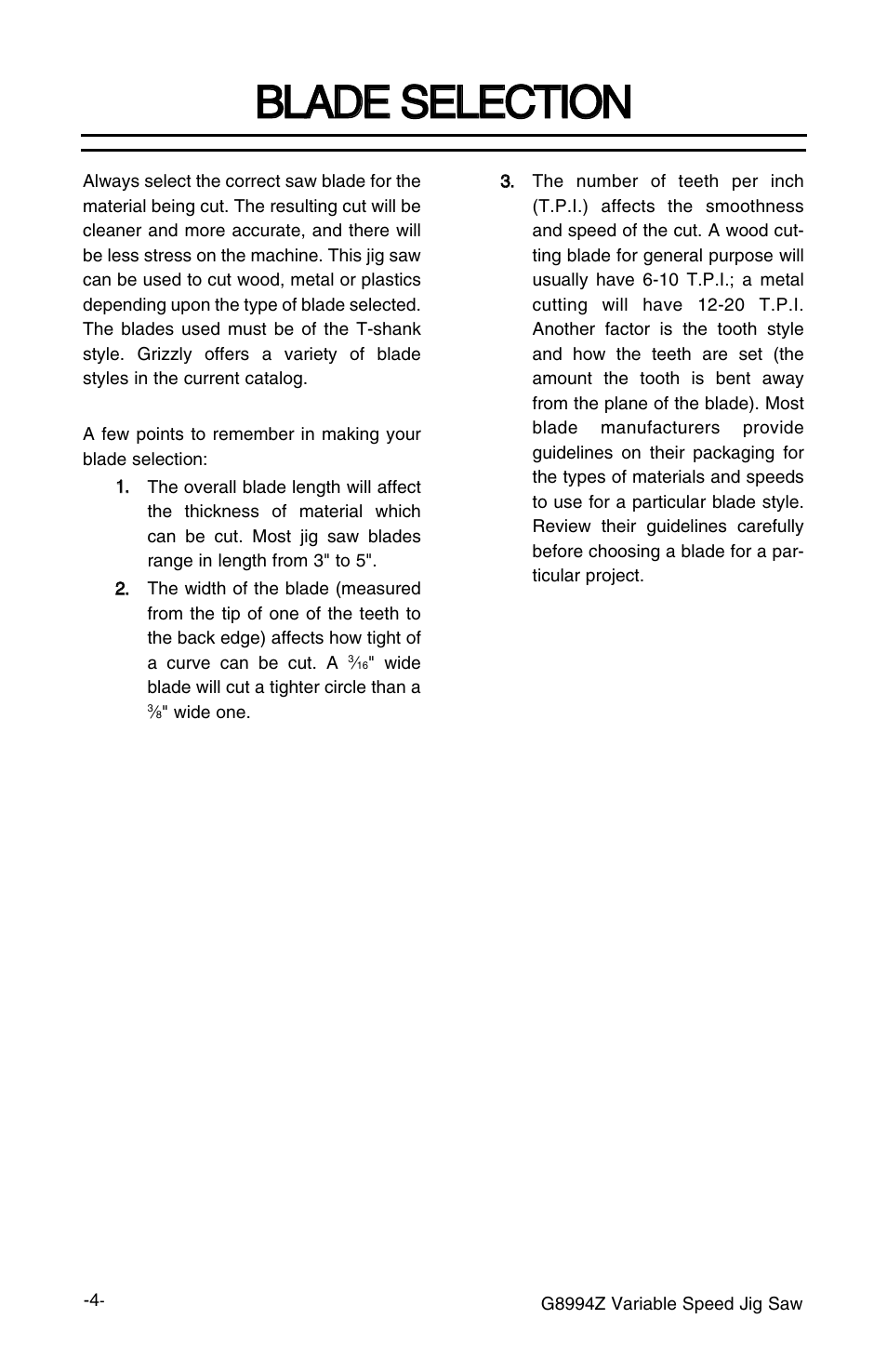 Bbl la ad de e s se el le ec ct tiio on n | Grizzly G8994z User Manual | Page 6 / 15