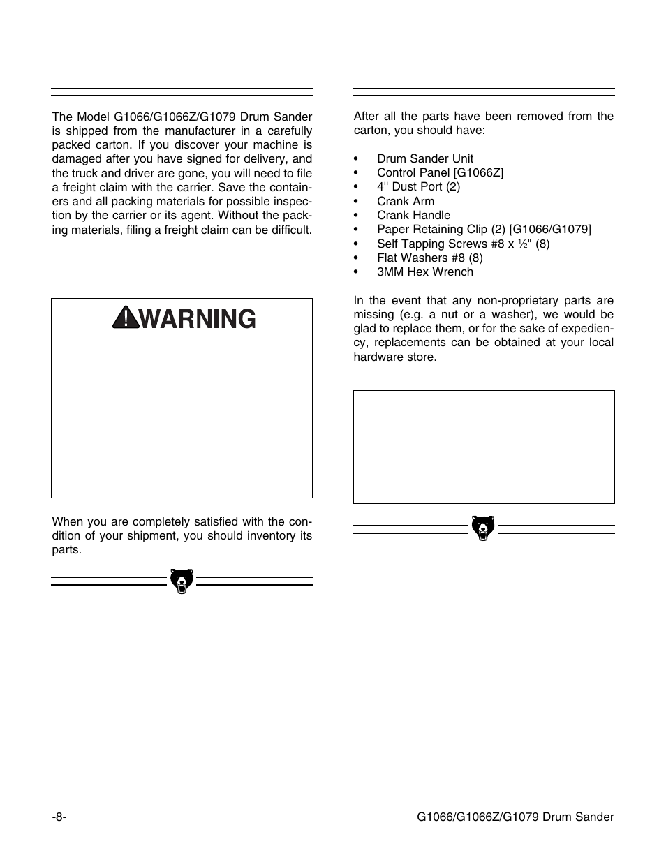 Unpacking, Piece inventory, Notice | Grizzly G1066Z User Manual | Page 10 / 54