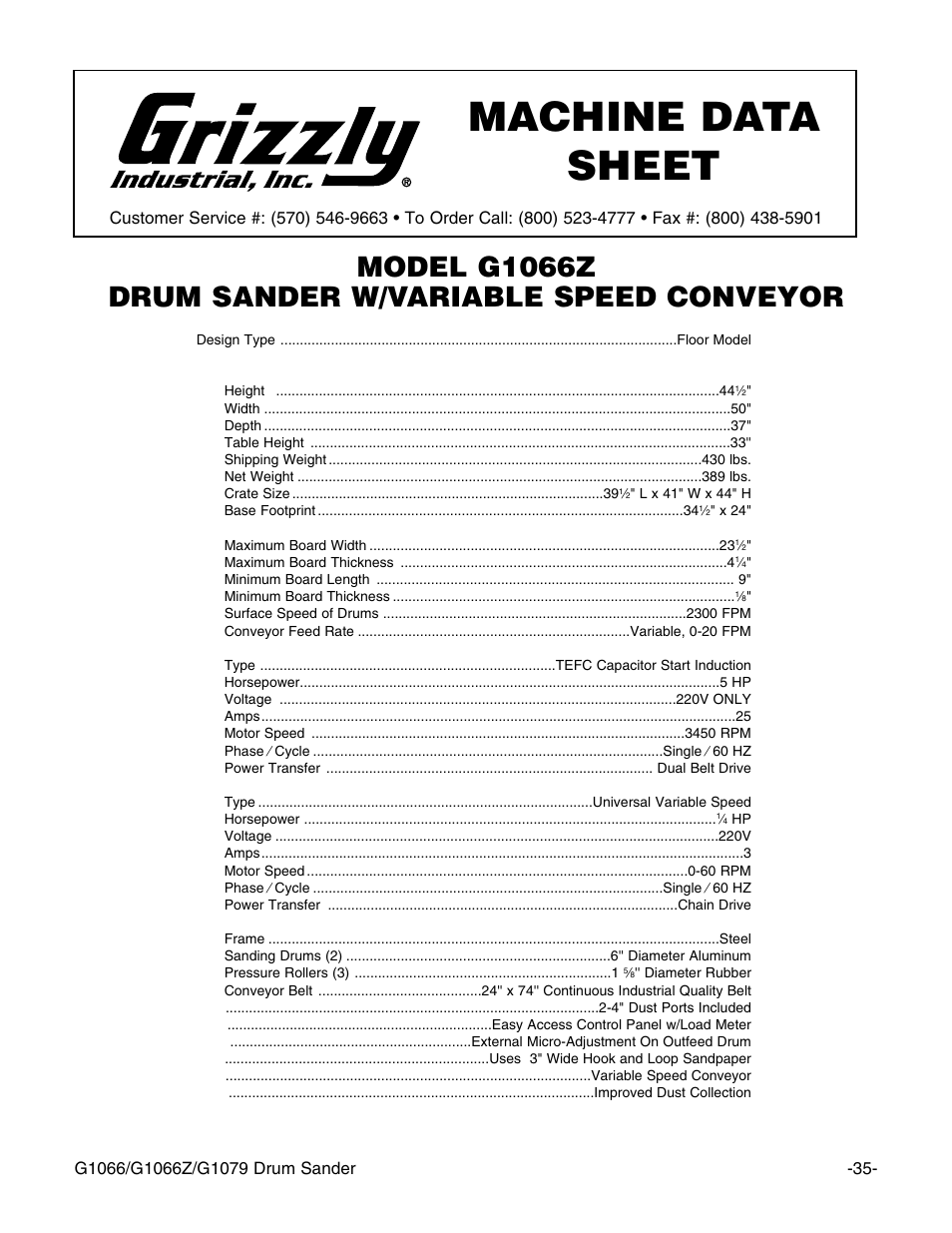 Machine data sheet, Model g1066z drum sander w/variable speed conveyor | Grizzly G1066Z User Manual | Page 37 / 54