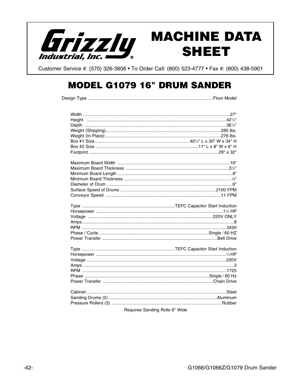 Machine data sheet | Grizzly G1066Z User Manual | Page 44 / 54