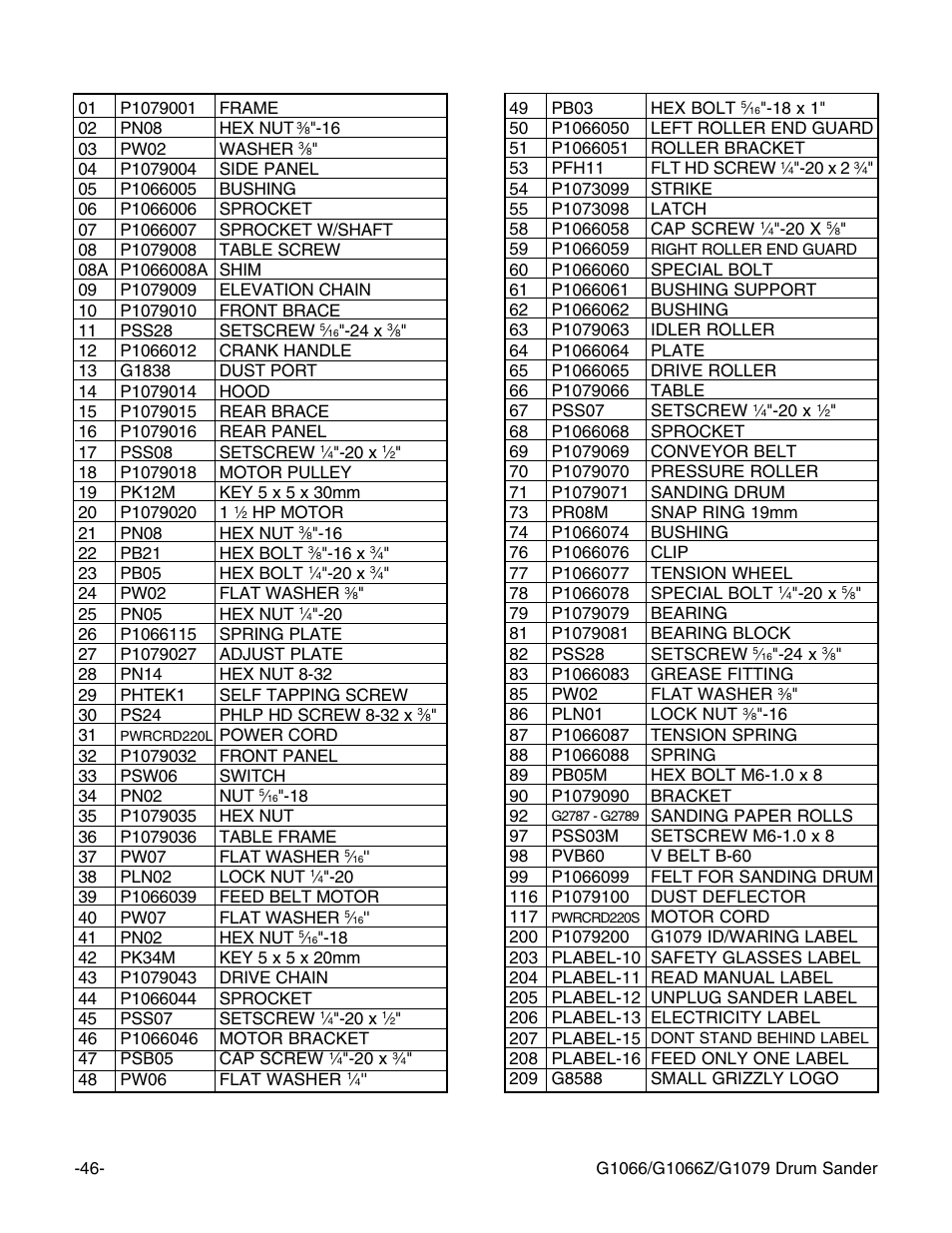 G1079 parts list | Grizzly G1066Z User Manual | Page 48 / 54