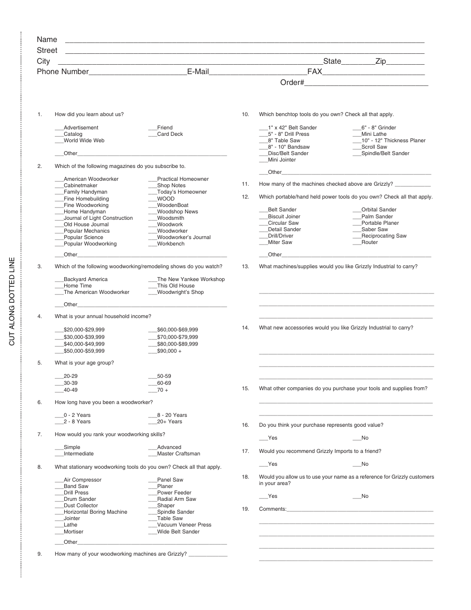 Warranty card, Cut along dotted line | Grizzly G1066Z User Manual | Page 53 / 54