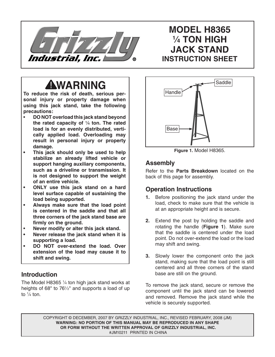 Grizzly JACK STAND H8365 User Manual | 2 pages