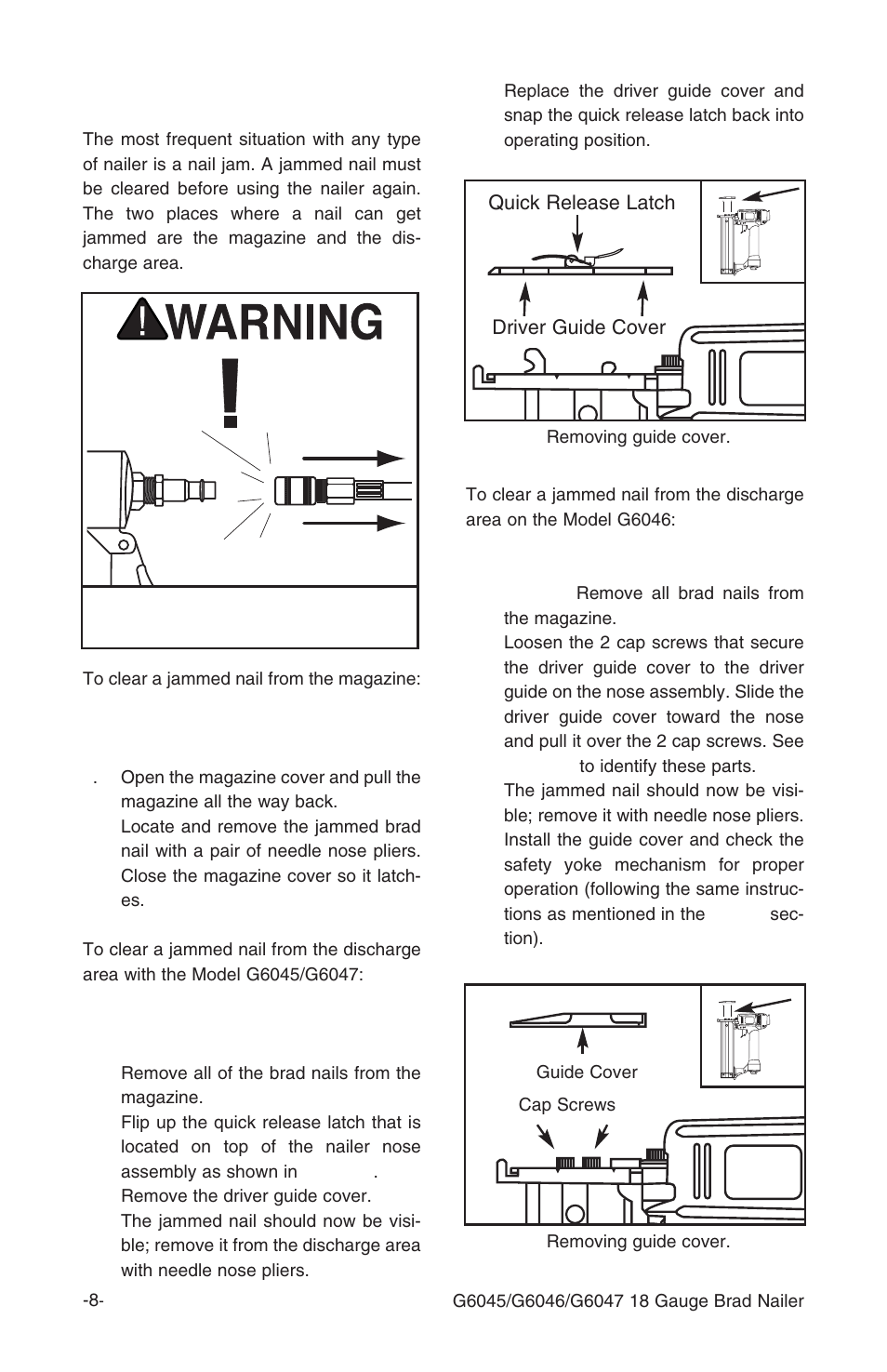Clearing jammed nails | Grizzly G6045 User Manual | Page 9 / 20