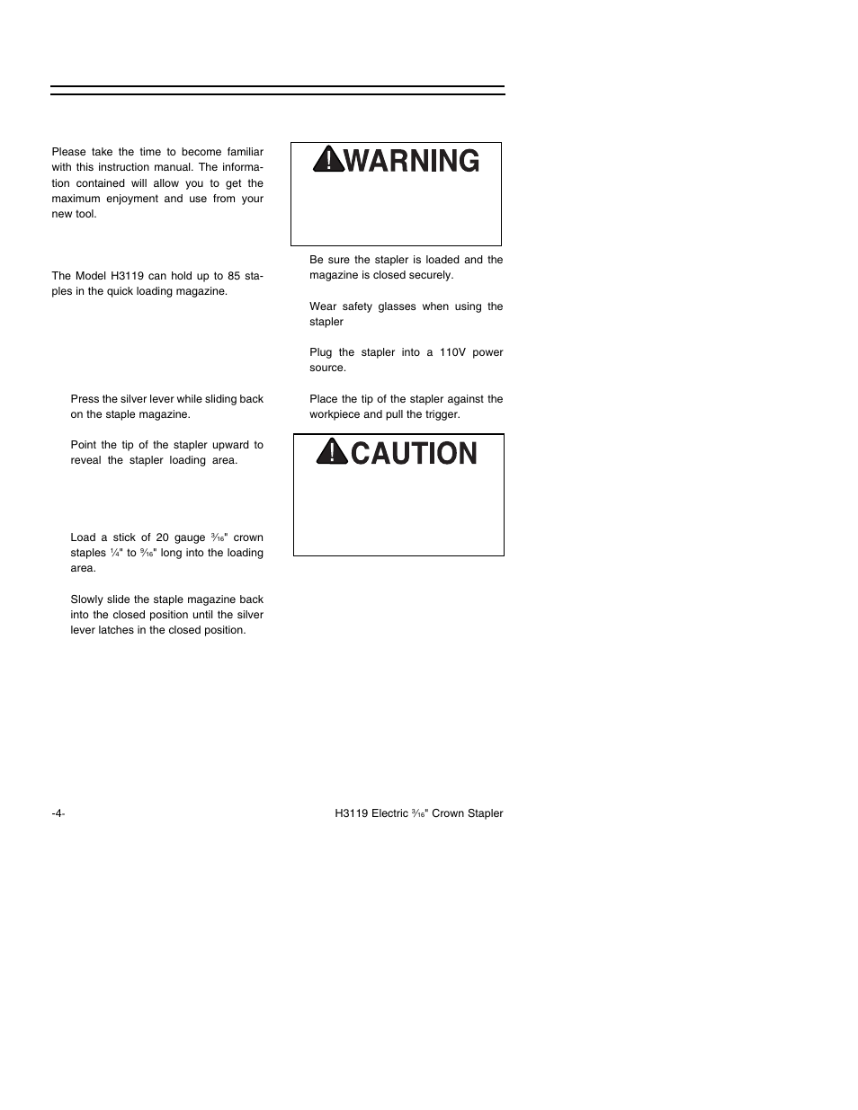 Operation, Getting started, Loading the stapler | Using the stapler | Grizzly H3119 User Manual | Page 6 / 16