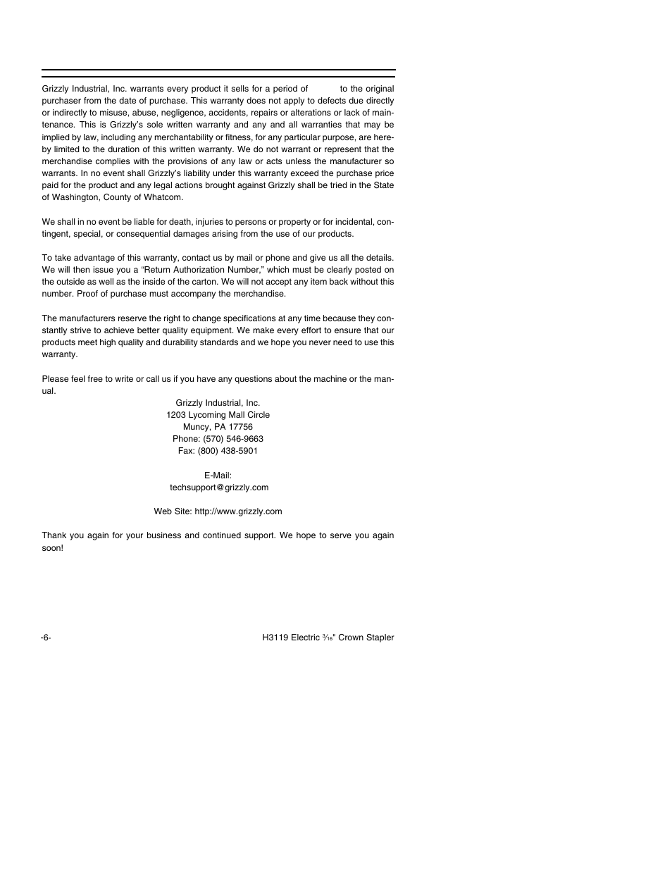 Warranty and returns | Grizzly H3119 User Manual | Page 8 / 16