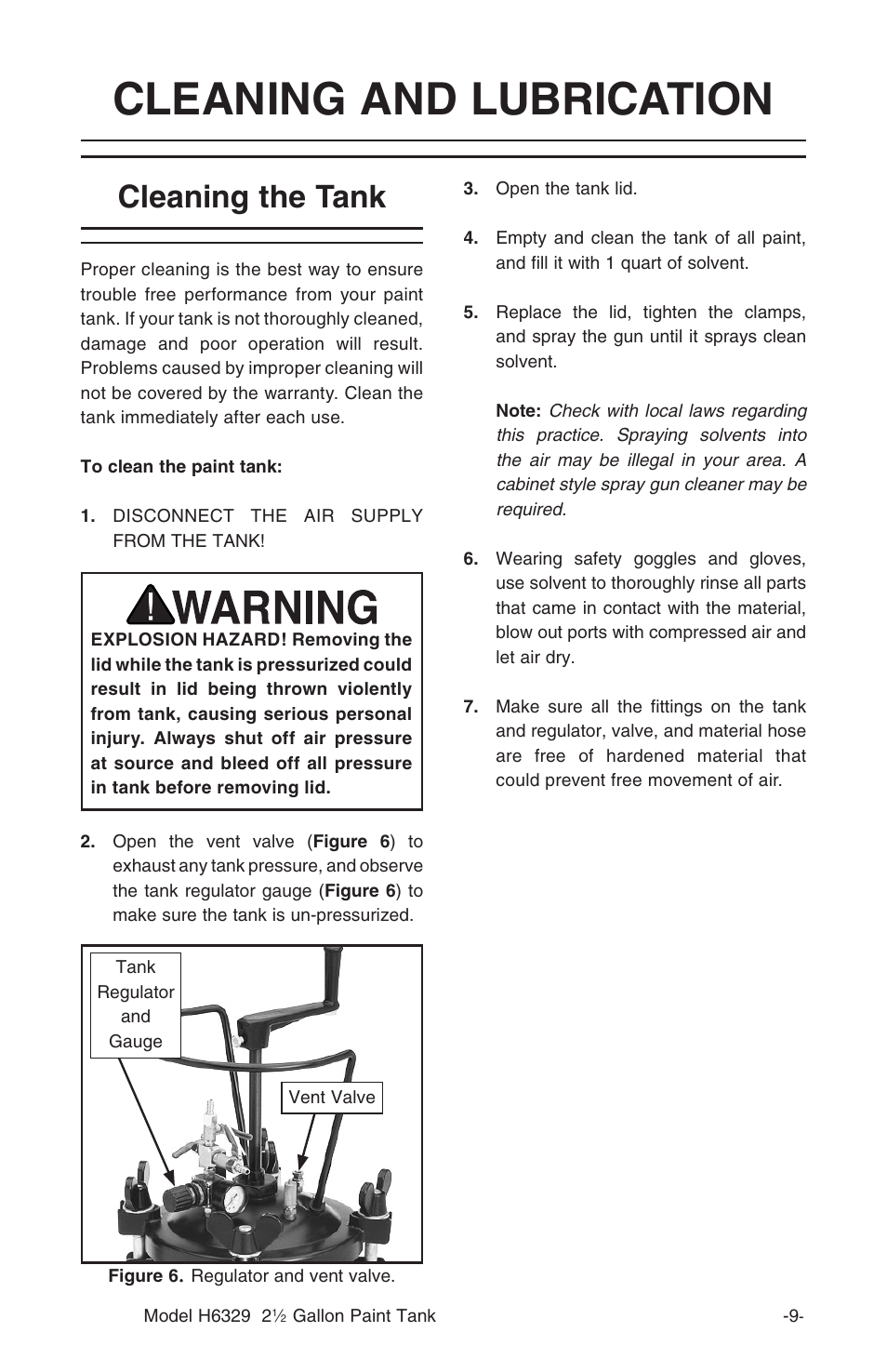 Cleaning and lubrication, Cleaning the tank | Grizzly H6329 User Manual | Page 11 / 16