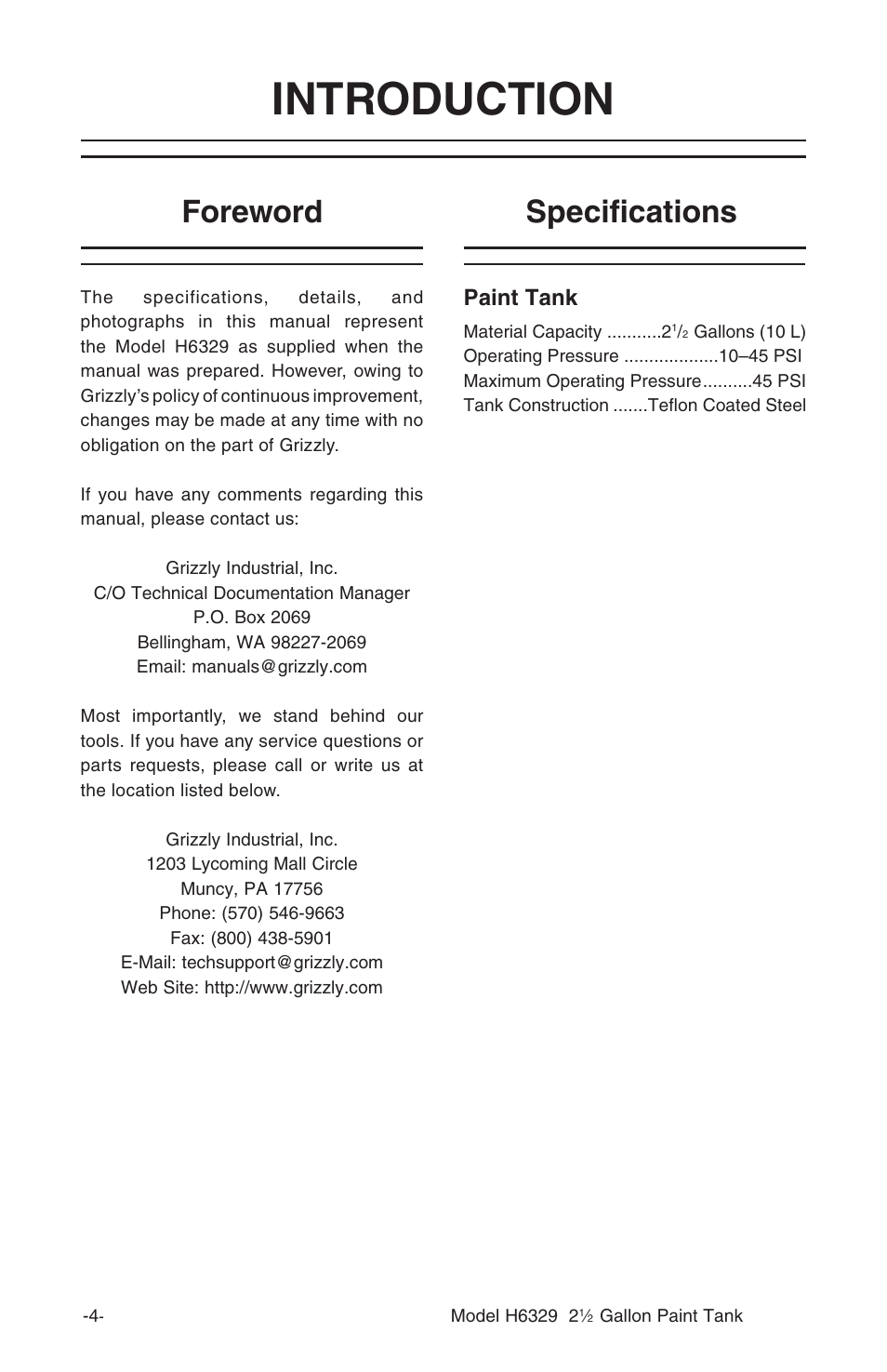 Introduction, Specifications foreword, Paint tank | Grizzly H6329 User Manual | Page 6 / 16
