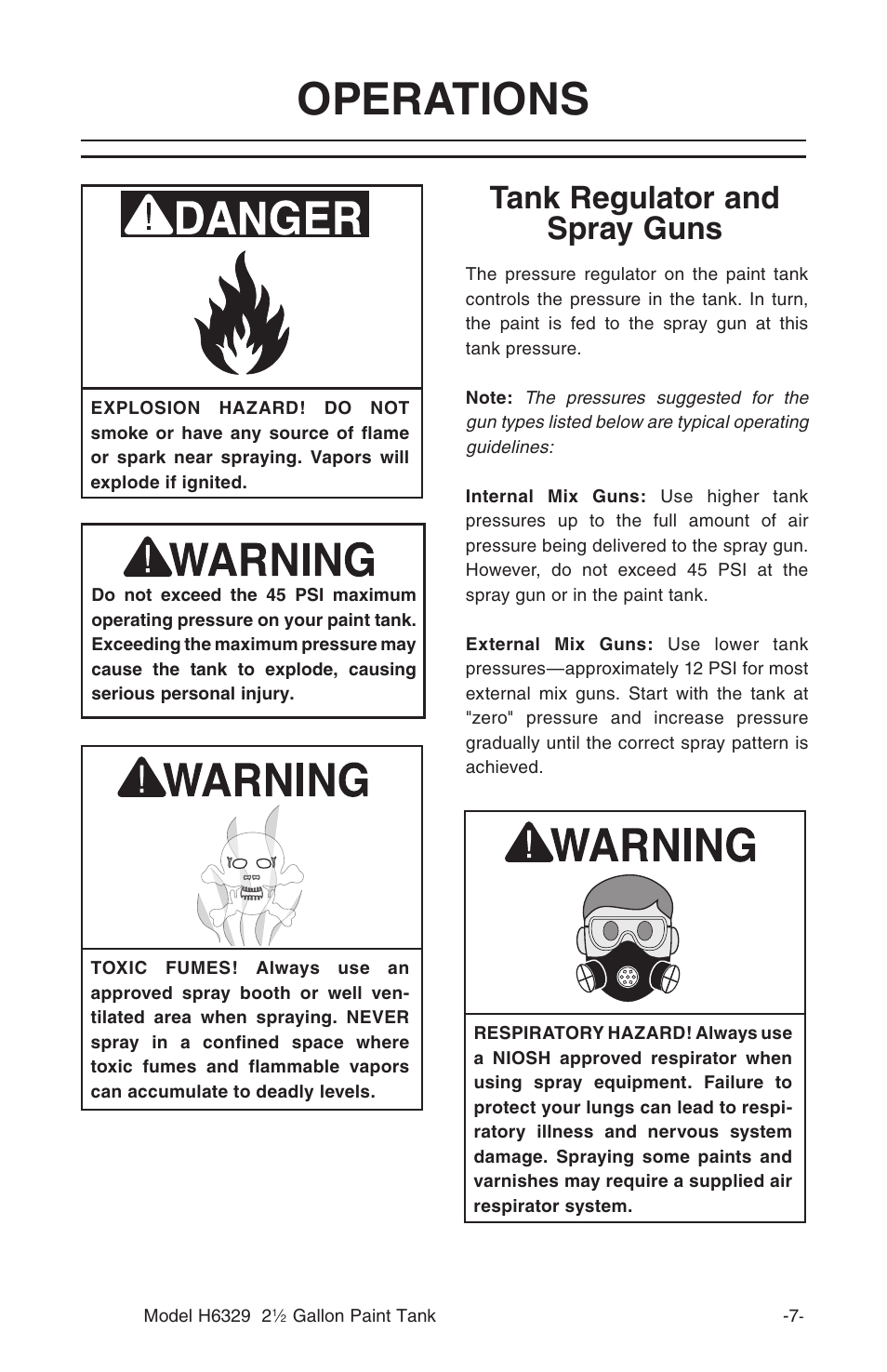 Operations, Tank regulator and spray guns | Grizzly H6329 User Manual | Page 9 / 16