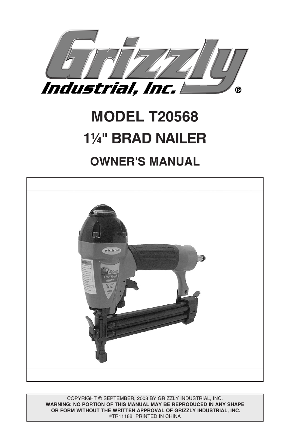 Grizzly 1 1/4" Brad Nailer T20568 User Manual | 20 pages