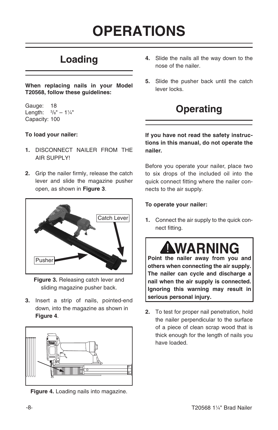 Operations, Loading, Operating | Grizzly 1 1/4" Brad Nailer T20568 User Manual | Page 10 / 20
