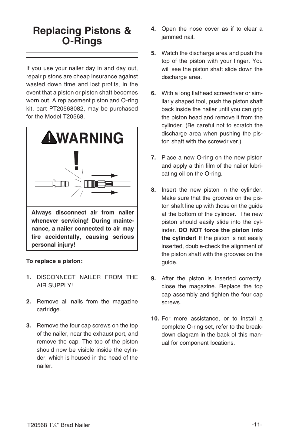 Replacing pistons & o-rings | Grizzly 1 1/4" Brad Nailer T20568 User Manual | Page 13 / 20