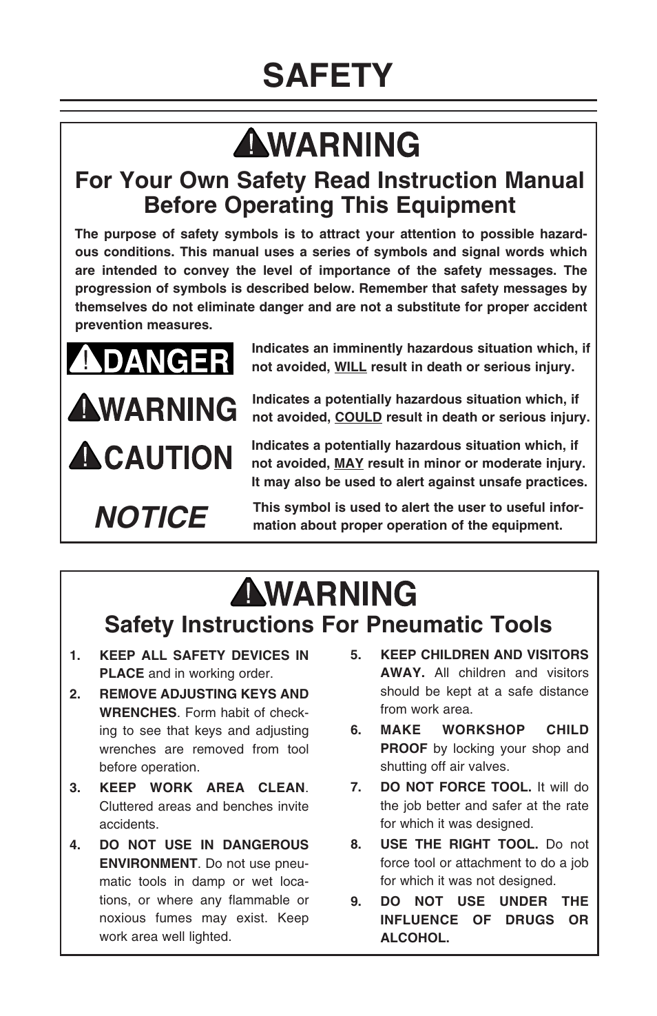 Safety, Notice, Safety instructions for pneumatic tools | Grizzly 1 1/4" Brad Nailer T20568 User Manual | Page 2 / 20