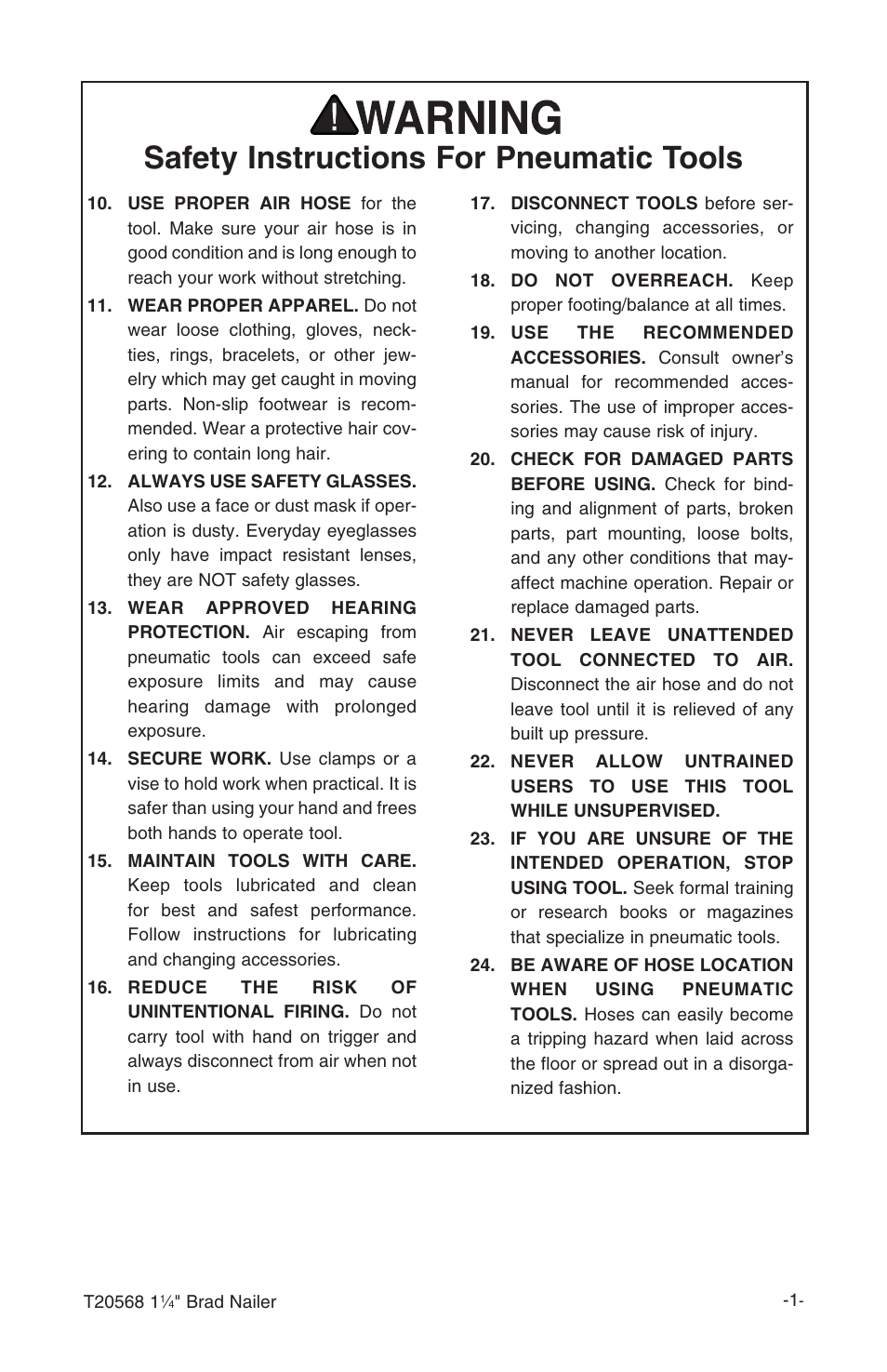 Safety instructions for pneumatic tools | Grizzly 1 1/4" Brad Nailer T20568 User Manual | Page 3 / 20