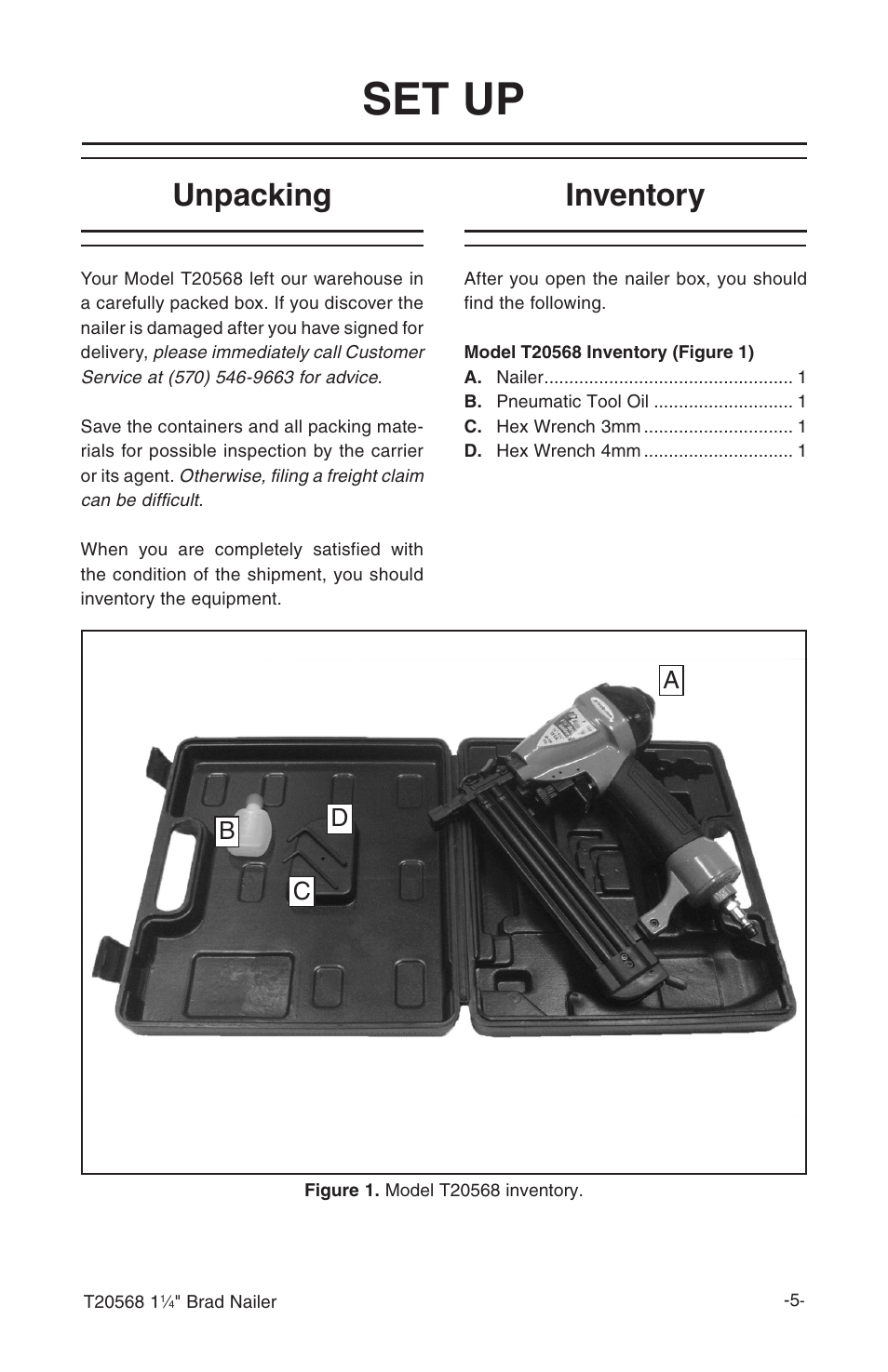 Set up, Unpacking, Inventory | Bc d a | Grizzly 1 1/4" Brad Nailer T20568 User Manual | Page 7 / 20