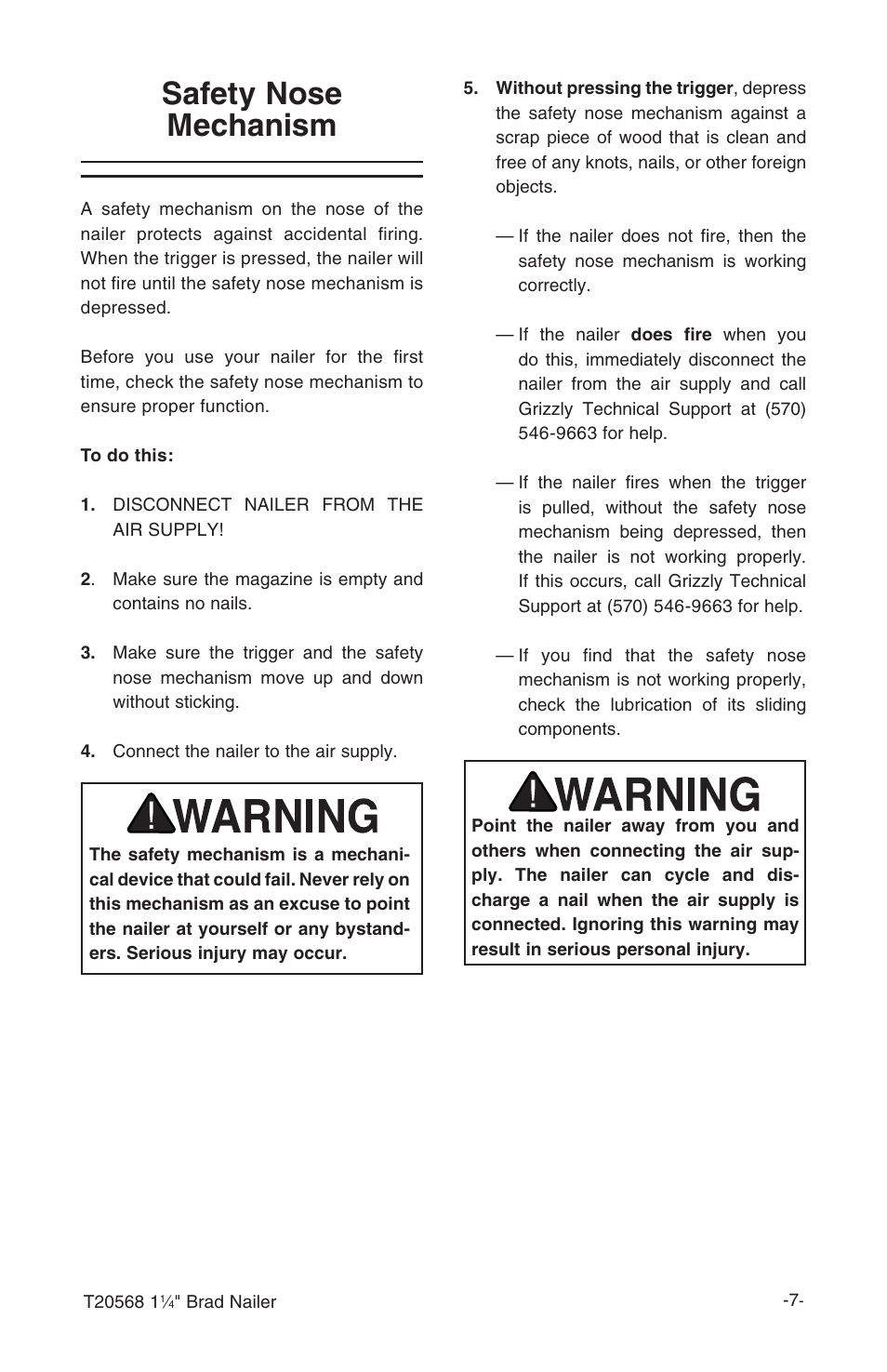 Safety nose mechanism | Grizzly 1 1/4" Brad Nailer T20568 User Manual | Page 9 / 20
