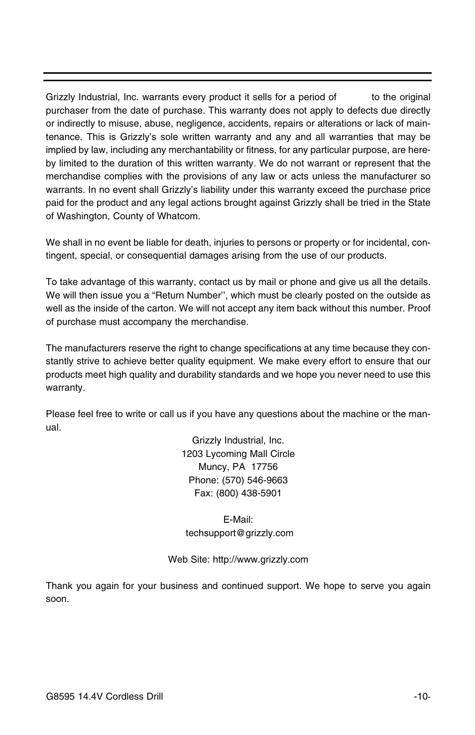 Warranty and returns | Grizzly G8595 User Manual | Page 10 / 13